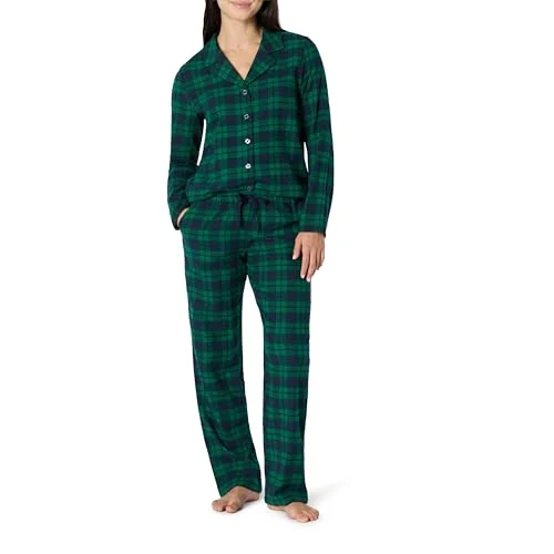 Women's Matching Holiday Family Pajama Sets, Dark Emerald Green Navy Plaid, Medium