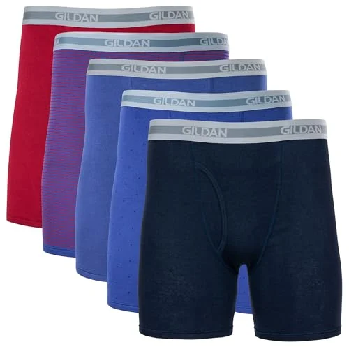 5-Pack Gildan Men's Underwear Boxer Briefs, Classic Length, Cardinal Red/Stripe/Metro Blue/Dot/Navy, X-Large