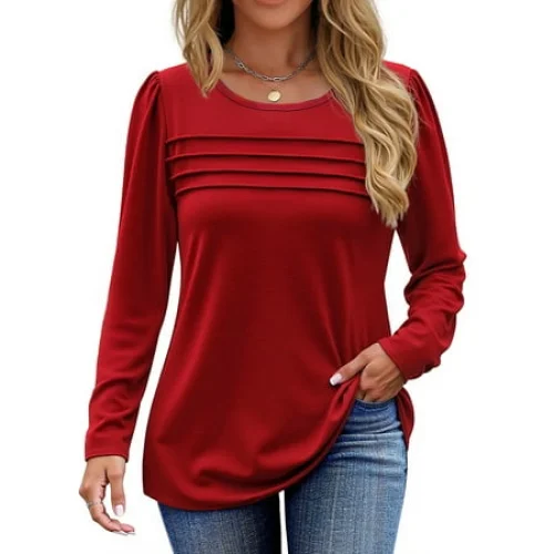Fantaslook Long Sleeve Shirts for Women Fall Dressy Casual Blouses Fashion Pleated Tunic Tops