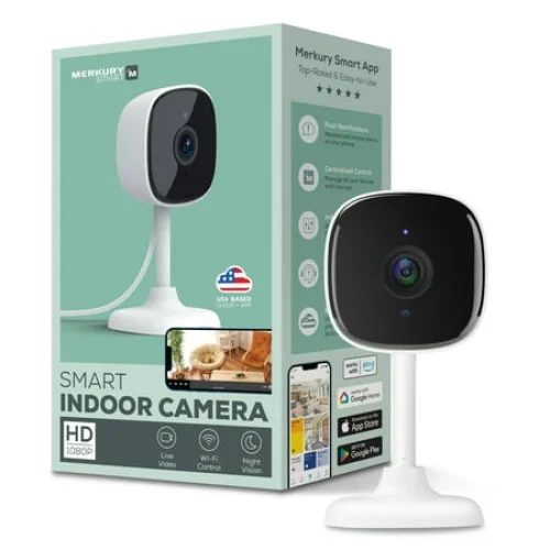 Merkury Smart Indoor Camera 1080p - Wi-Fi Security Cam with Night Vision, White (1-Pack)