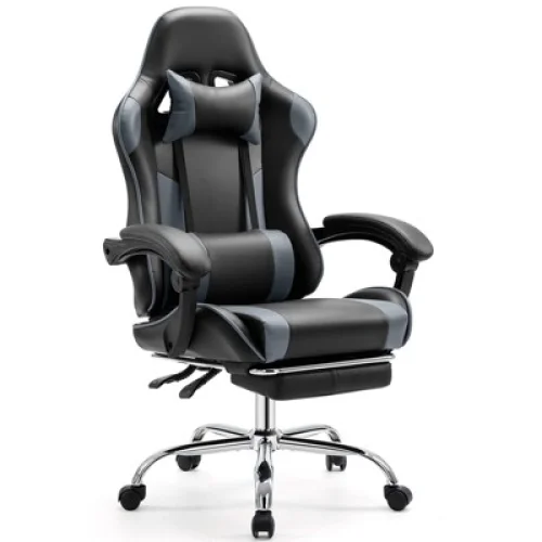 Bestier Ergonomic Gaming Chair with Adjustable Footrest & Backrest, PU Leather, Gray
