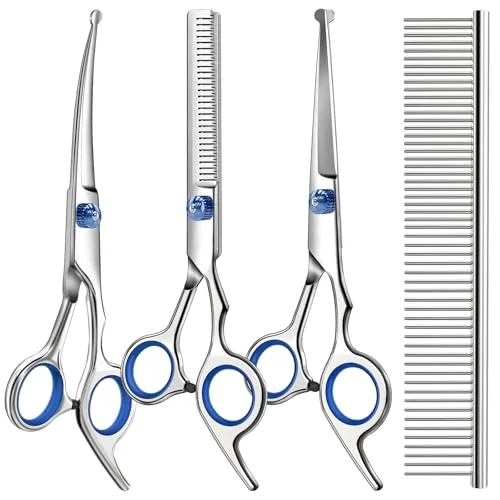 Professional 4-in-1 Dog & Cat Grooming Scissors Kit with Safety Round Tips, Shears, and Comb