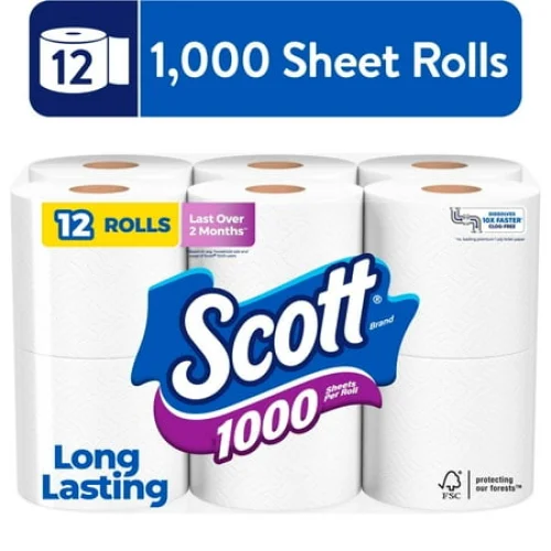 12 Rolls Scott 1000 Toilet Paper, 1000 Sheets Per Roll, Clog-Free Technology, Septic-Safe