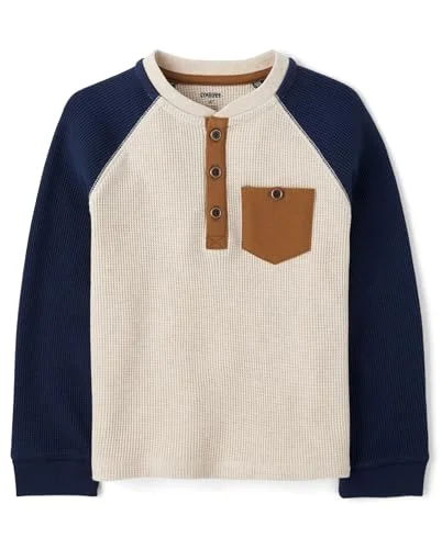 6 Gymboree Boys' and Toddler Long Sleeve Thermal Henley Shirt, Vanilla Tidal Colorblock