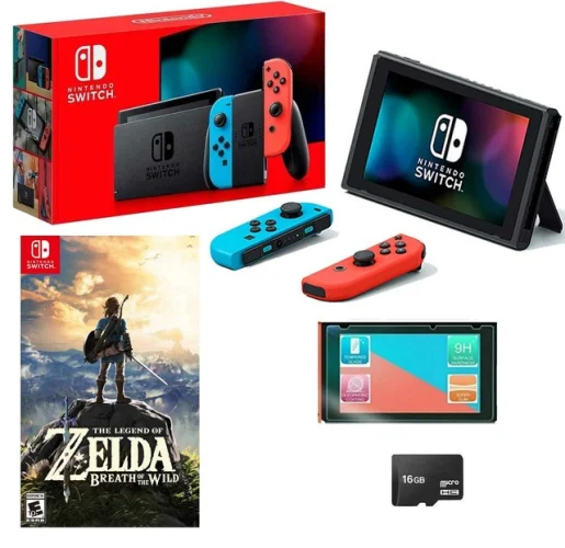New Nintendo Switch Neon Bundle Zelda Breath of the Wild + 16GB SD Card & More