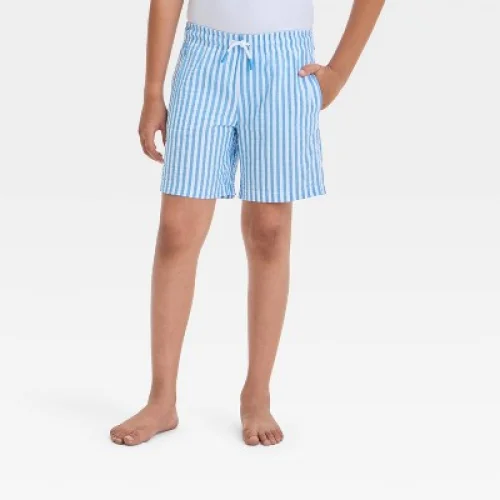 Boys' Striped Seersucker Swim Shorts - Cat & Jack™ Blue M Husky - Cotton & Recycled Polyester