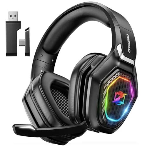 Ozeino 2.4GHz Wireless Gaming Headset with Microphone, RGB Lighting, 30h Battery Life