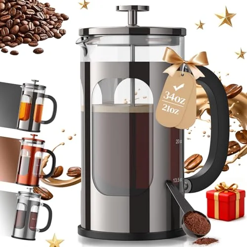 Veken 34oz French Press Coffee Maker - Borosilicate Glass & Stainless Steel Brewer for Kitchen, Travel, Camping