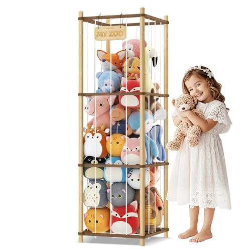 Stuffed Animal Storage, Two-Tone Wood Toy Organizer, Large Capacity Holder for Playroom, Bedroom, Nursery