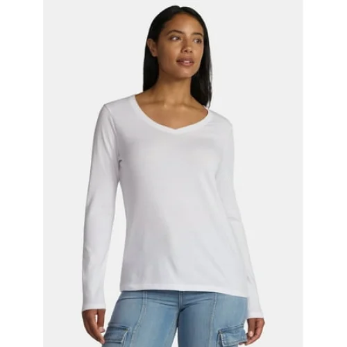 Time and Tru Women's Cotton V-Neck Long Sleeve Tee, Sizes XS-XXXL