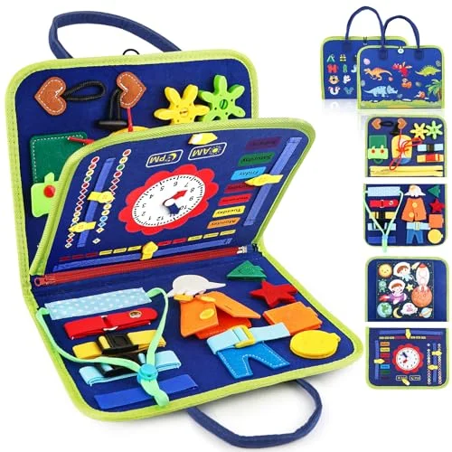 Toddler Busy Board, Montessori Sensory Toys for Boys and Girls, 1-4 Year Olds, Travel Learning Activities Board