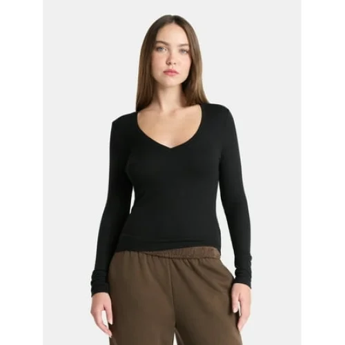 No Boundaries V-Neck Ribbed Top with Long Sleeves, Women’s
