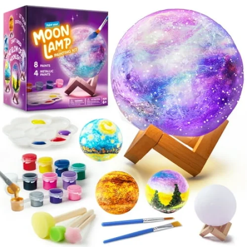 Joyfy DIY 3D Moon Lamp Painting Kit with Paints, Brushes, and Wooden Base for Kids 6-12