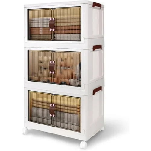 3-Tier Collapsible Storage Bins with Lid and Wheels, Stackable Plastic Organizer