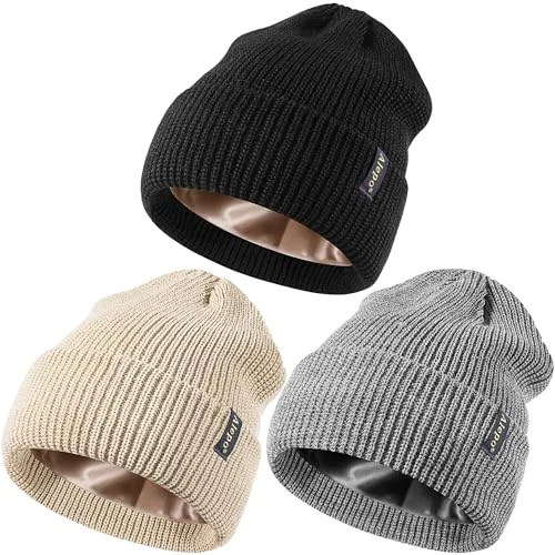 3 Pack Satin Lined Beanies for Women and Men, Warm Cable Knit Winter Hats