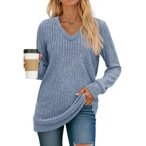 Fantaslook V Neck Long Sleeve Shirts for Women Dressy Casual Fall Tops Lightweight Tunic Pullover
