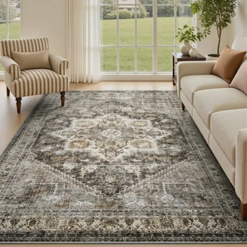 SIXHOME 5'x7' Washable Area Rug - Retro Floral Distressed Indoor Carpet - Brown