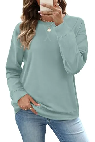RUMIA Women's Crewneck Sweater Pullover Top - Blue, Large - Fall and Winter Fashion Clothing