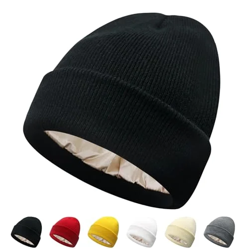 PFFY Satin Lined Beanie for Women Silk Lining Soft Winter Hats Reduce Frizz Knit Beanies Warm Skull Cap Black