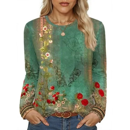 Fantaslook Women Tunic Tops Casual Long Sleeve Floral Dressy Blouses Crew Neck Fall Tops