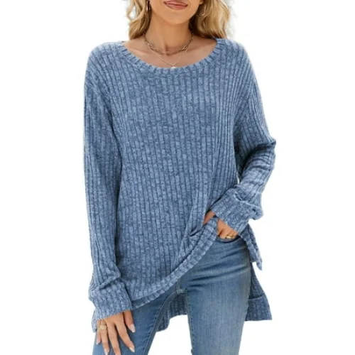 SHIBEVER Women's Long Sleeve Tunic Sweater Blouse, Dressy Casual Blue Pullover, Size XL