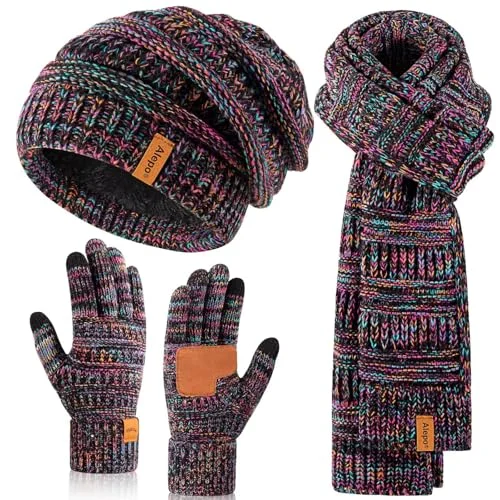 Winter Beanie Hat Scarf Gloves Set for Women, Warm 3 in 1 Stocking Stuffers for Cold Weather
