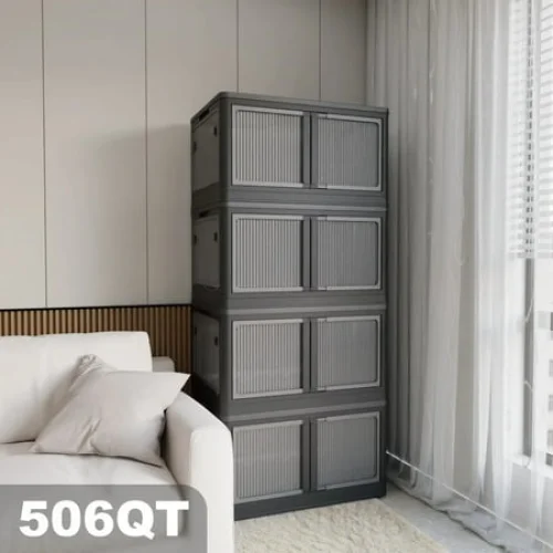 4-Pack Transparent Stackable Storage Bins with 5 Doors and Wheels, Folding Plastic Organizers