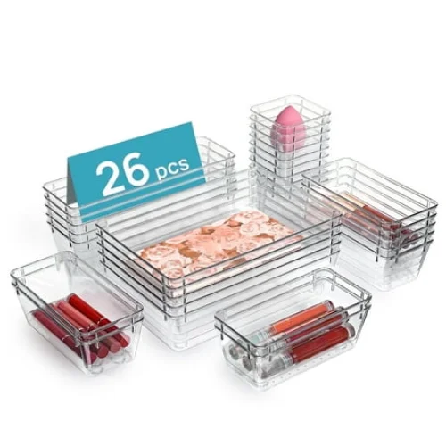 26 PCS Clear Plastic Stackable Organizer Bins, Makeup Drawer Organizers and Vanity Organizer