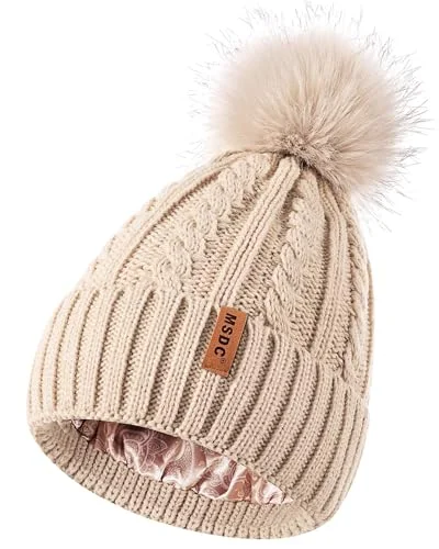Satin Lined Beanie for Women with Pom Pom, Warm Winter Hats, Cable Knit Skull Cap (Oatmeal)