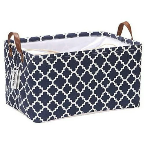 Sea Team Moroccan Lattice Pattern Canvas Fabric Storage Basket with Drawstring Cover and PU Leather Handles