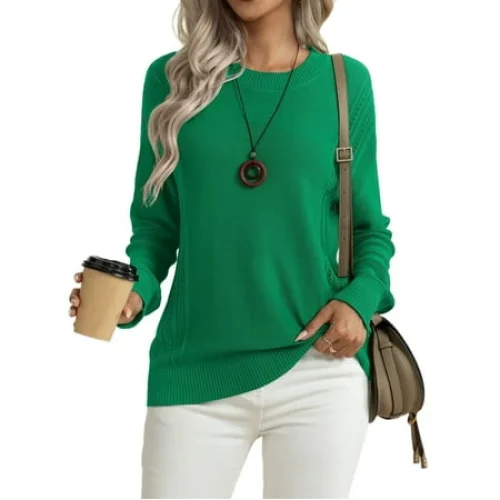 Asklazy Women's Fall Soft Crewneck Long Sleeve Hollow Cable Knit Pullover Sweaters,Green（S-3XL)