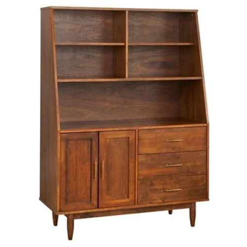 Lifestorey Danish Mid-Century Modern Highboy Buffet Autumn Oak Credenza with Rubberwood Frame