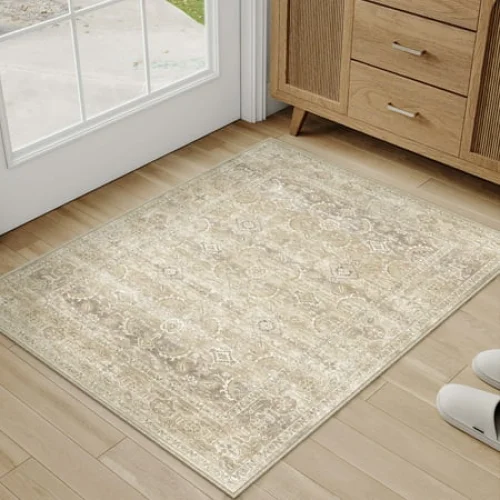 2'x3' Beige Vintage Oriental Area Rug - Non-Slip, Washable Polyester Accent Carpet for Home Decor