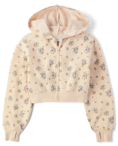 The Children's Place Girls Active Long Sleeve Hooded Sweatshirt, Frappe Floral, Medium