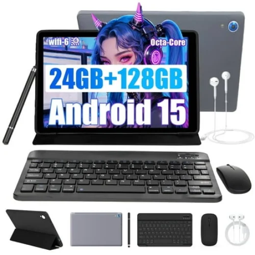 AEEZO 10-inch Android 15 Tablet with Case, Keyboard & Mouse Set, 24GB RAM, 128GB Storage