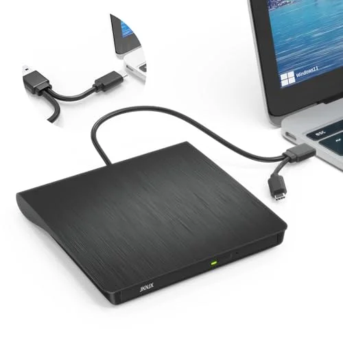 JKNJX External DVD Drive, USB 3.0 and Type-C CD DVD Reader Writer for PC, Laptop, Mac, and More