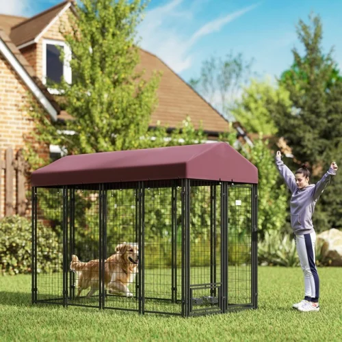 PawHut Outdoor Dog Kennel, Dog Playpen w/ Rotating Bowl Holders Cover