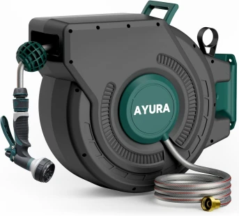 AYURA Retractable Garden Hose Reel 100 ft x 1/2 inch with Pro Metal Shaft