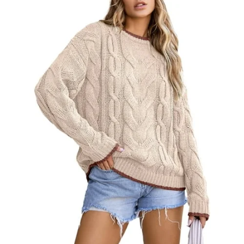 Eytino Women's Cable Knit Chunky Pullover Sweater Casual Crewneck Long Sleeve Color Block Top - Size M