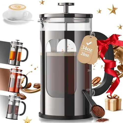 Veken 34oz French Press Coffee Maker - Borosilicate Glass & Stainless Steel Brewer for Kitchen, Travel, Camping