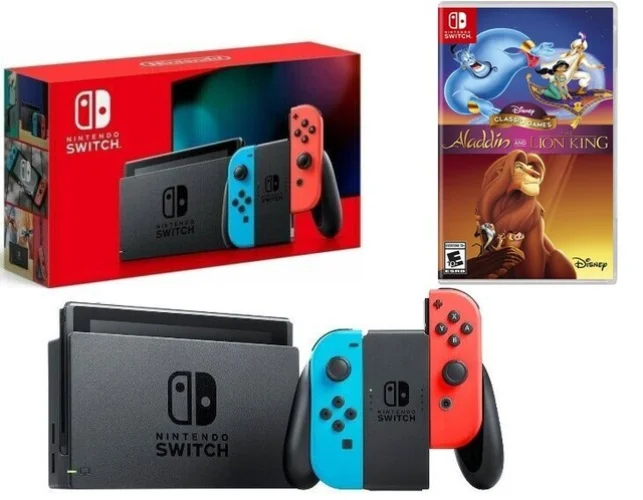 New Nintendo Switch Neon Bundle with Aladdin & The Lion King Games - Includes Free Shipping