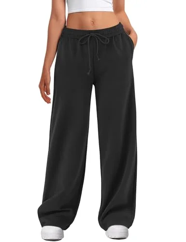 Women's Wide Leg Sweatpants High Waisted Baggy Joggers with Pockets, Straight Leg Sweat Pants Black