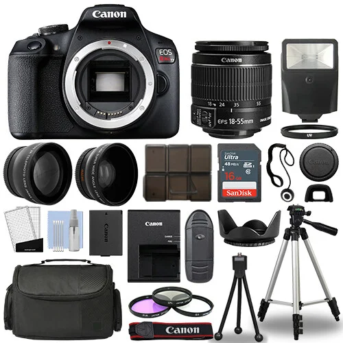 Canon EOS Rebel T7 1500D SLR Body + 3 Lens Kit 18-55mm + 16GB + Flash & More