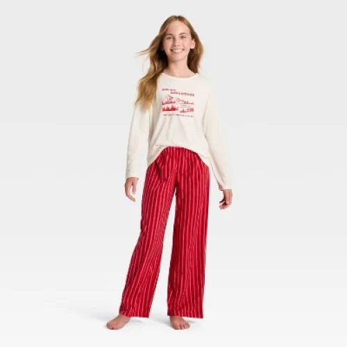2pc Girls' Striped Adventure Graphic Long Sleeve Holiday Pajama Set - Cat & Jack™ Light Red L