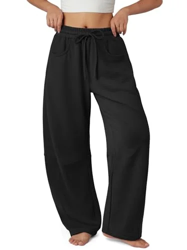 ATHMILE Barrel Sweatpants Women Fall Fashion Wide Leg Pants with Pockets Teen Girl Black