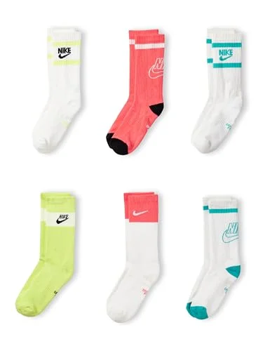 6 Pairs Nike Unisex Kids Everyday Cushioned Crew Socks, Teal/Lime/Coral, Medium