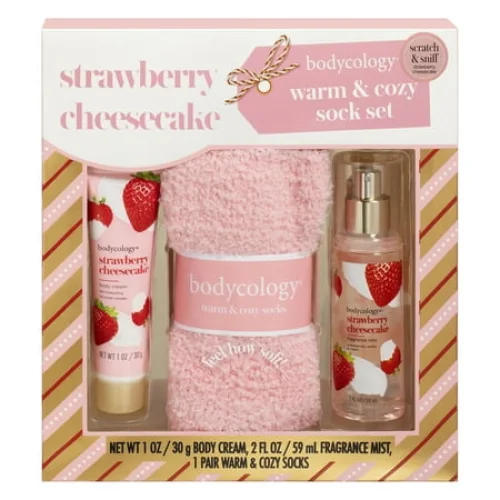 Bodycology Strawberry Cheesecake Body Care & Cozy Sock Gift Set, 3 Piece