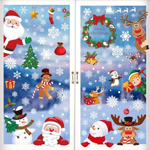 186PCS Christmas Window Clings with Snowflake, Santa Claus, Snowman, and Reindeer PVC Decals