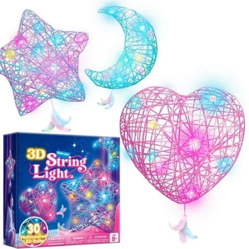 3-Pack Star and Heart String Art Kit for Kids 8-12, Christmas Decor Gifts, Includes LED Bulbs
