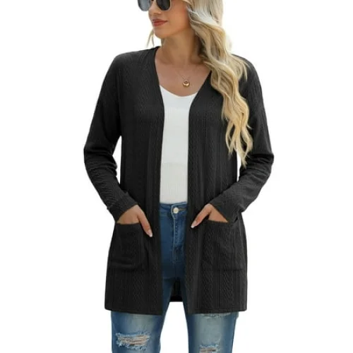 Women's Slim Fit Ribbed Knitted Cardigan Sweater with Pockets, Long Sleeved, Lightweight, Casual, Black L